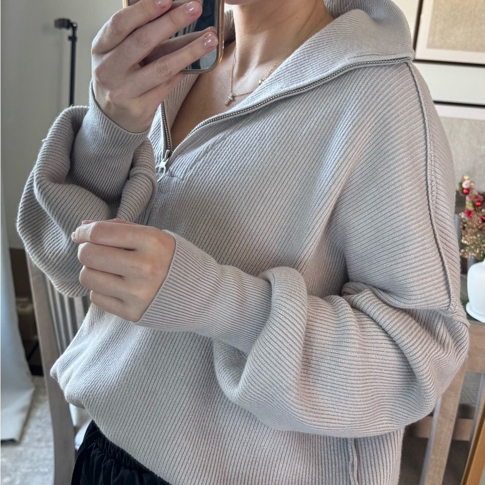 Oversize Thick Comfy Cozy Light Grey Ribbed Zip-Up Pullover Sweater - Picture 9 of 11